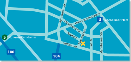 Stadtplanausschnitt mit der Brienner Str. und den n�chstliegendem U-Bahnhof Fehrbelliner Platz und S-Bahnhof Hohenzollerndamm